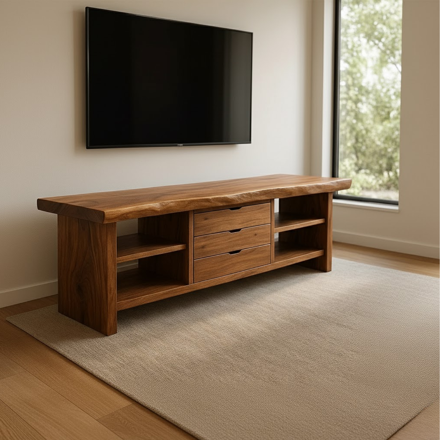 Handcrafted Solid Wood TV Stand - Live Edge Walnut, 3 Drawers & Open Shelves Kitchnce