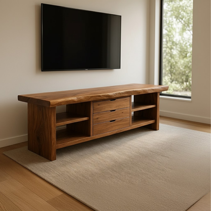Handcrafted Solid Wood TV Stand - Live Edge Walnut, 3 Drawers & Open Shelves Kitchnce