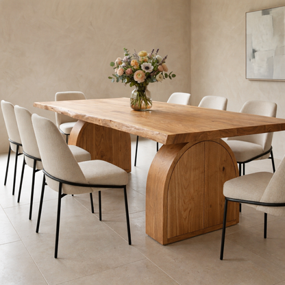 Solid Wood Live Edge Dining Table with Arch Base and Hidden Storage