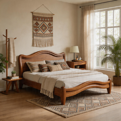 Modern Solid Wood Platform Bed with Curved Design