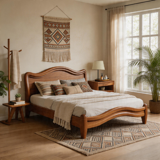 Modern Solid Wood Platform Bed with Curved Design