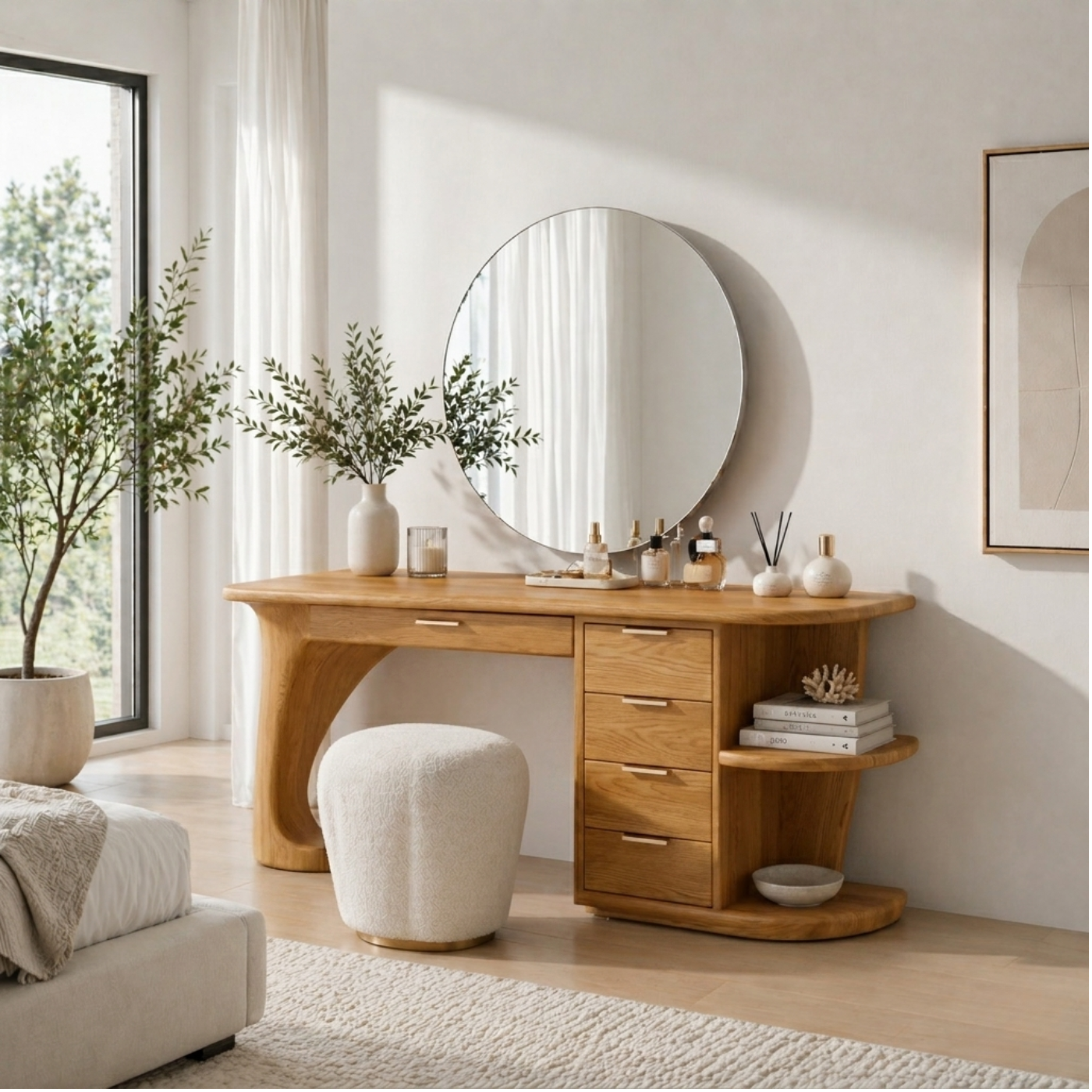 Solid Wood Makeup Vanity Desk with Curved Base and Multi Drawer Storage