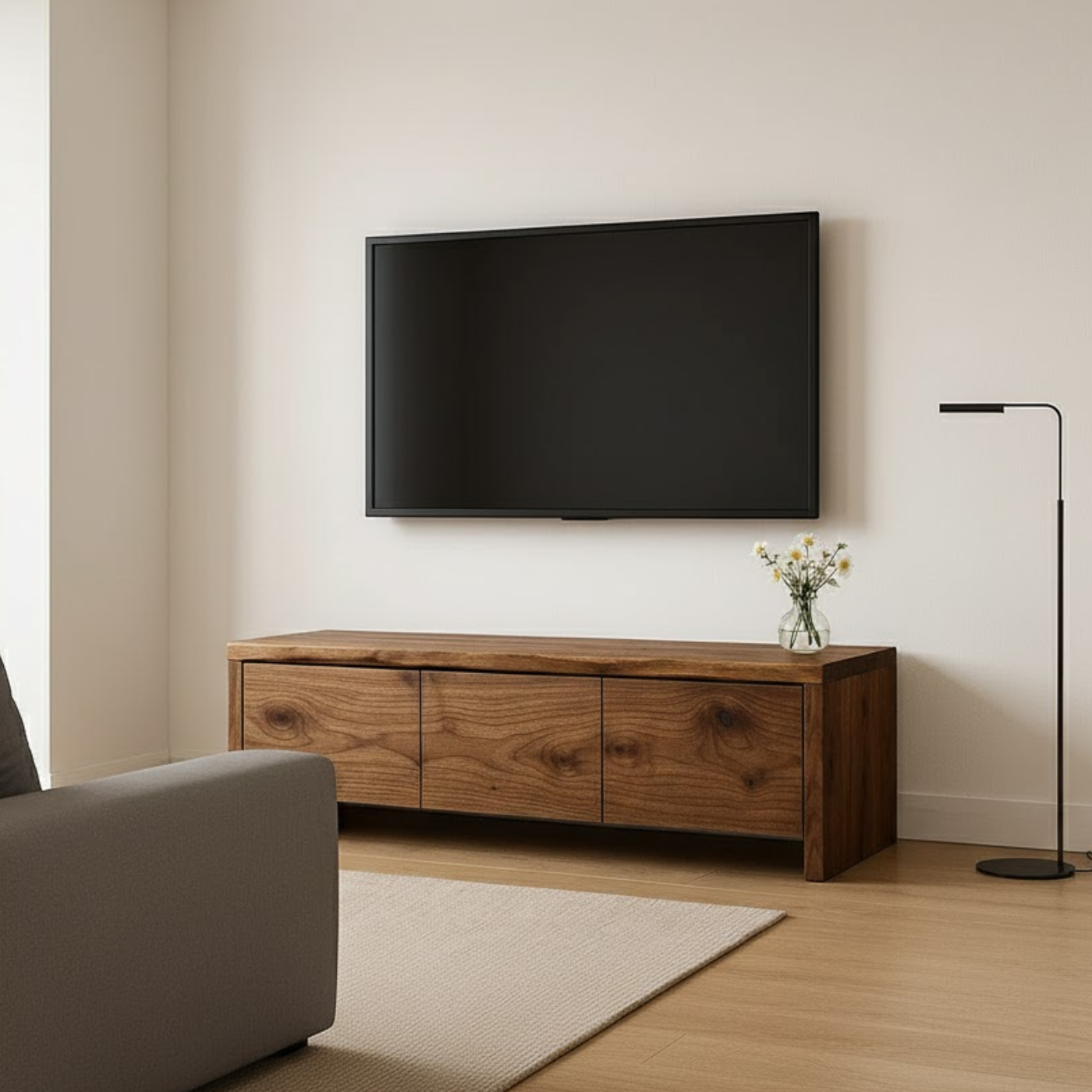 Handcrafted Solid Wood TV Stand - Live Edge Walnut with 3 Seamless Drawers Kitchnce