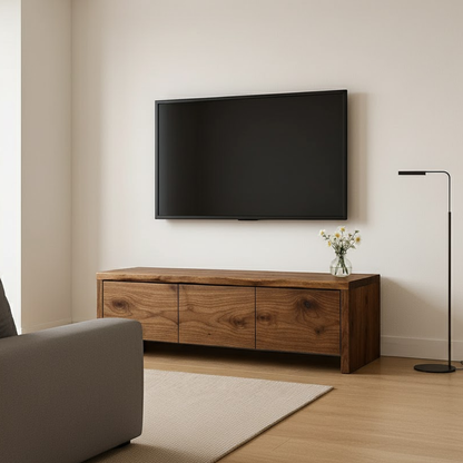 Handcrafted Solid Wood TV Stand - Live Edge Walnut with 3 Seamless Drawers Kitchnce