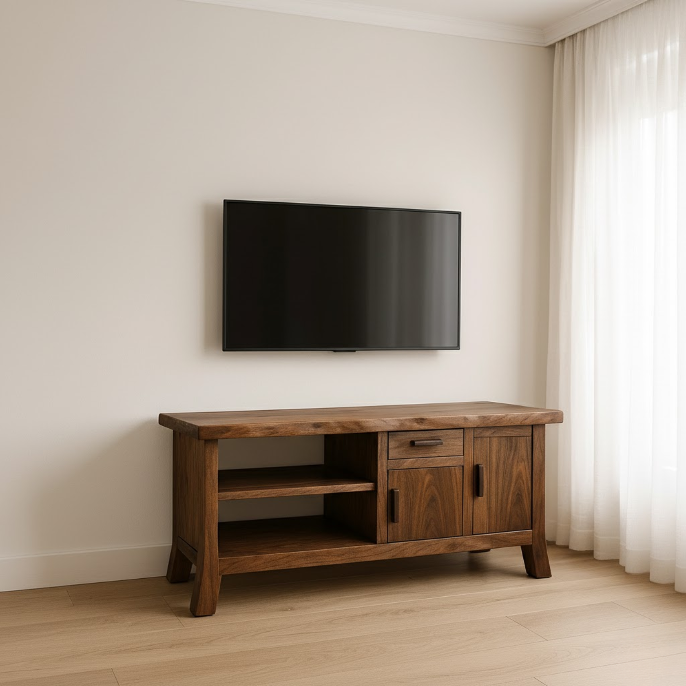 Handcrafted Solid Wood TV Stand - Live Edge Console, Drawer, Cabinet & Open Shelves Kitchnce