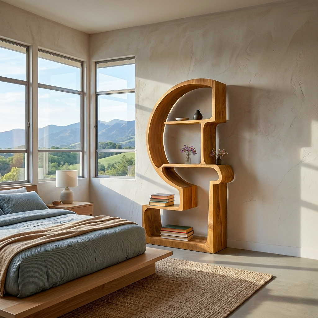 Artistic Wooden Bookshelf With Unique Curved Structure For Home Kitchnce