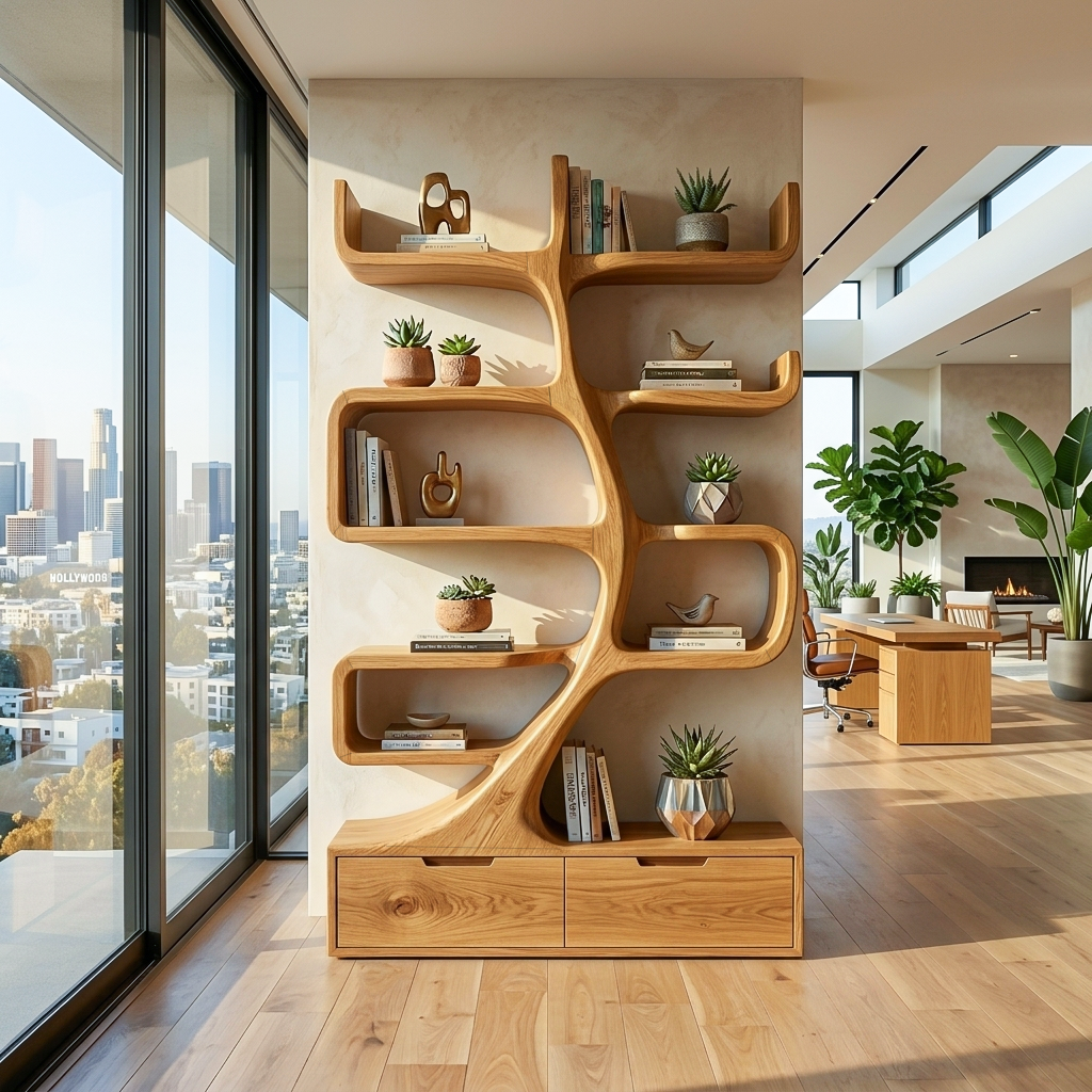 Wooden Bookcase With Tiers And Built-in Drawers For Home Kitchnce