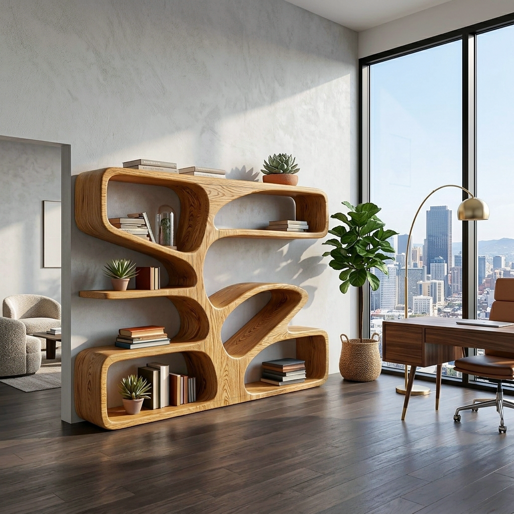 Statement Wooden Bookshelf With Sculpture Form For Home Kitchnce