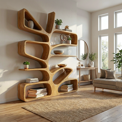 Organic Wooden Bookcase With Sculptural Form For Living Space Kitchnce