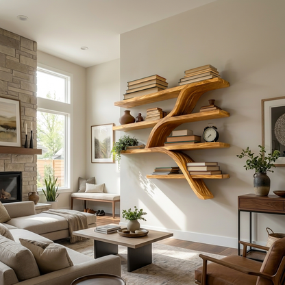 Handcrafted Wooden Wall Bookshelf With Organic Shape For Home Kitchnce