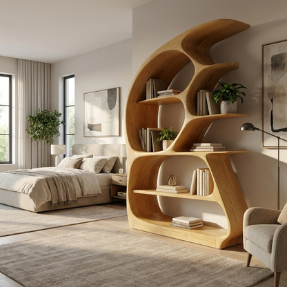 Contemporary Sculptural Wood Bookshelf For Living Room Decor Kitchnce