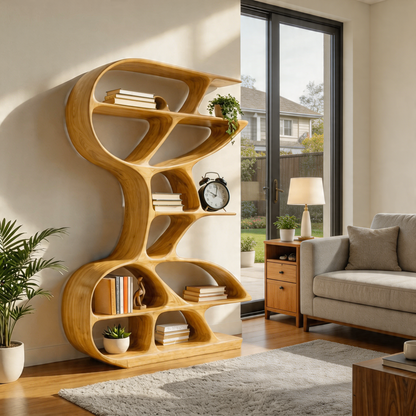 Wooden Bookshelf Unique Sculptural Design For Modern Living Room Kitchnce