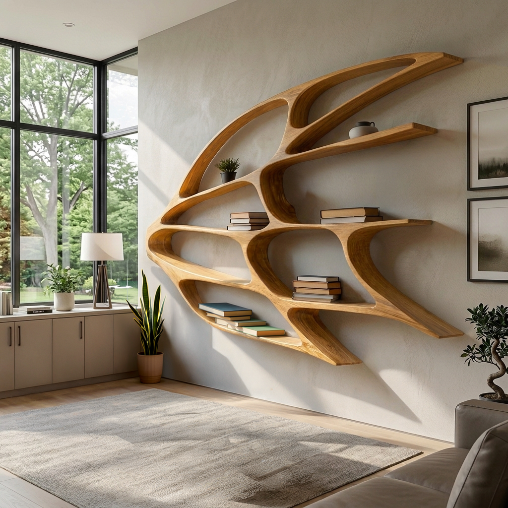 Organic Wooden Wall Mounted Bookshelf For Home Living Kitchnce