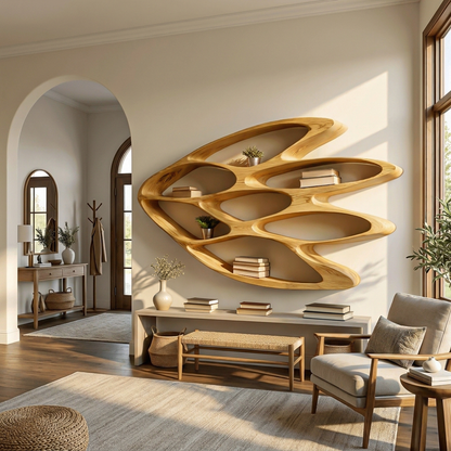 Wooden Wall Bookshelf With Unique Shape For Living Room Wall Kitchnce
