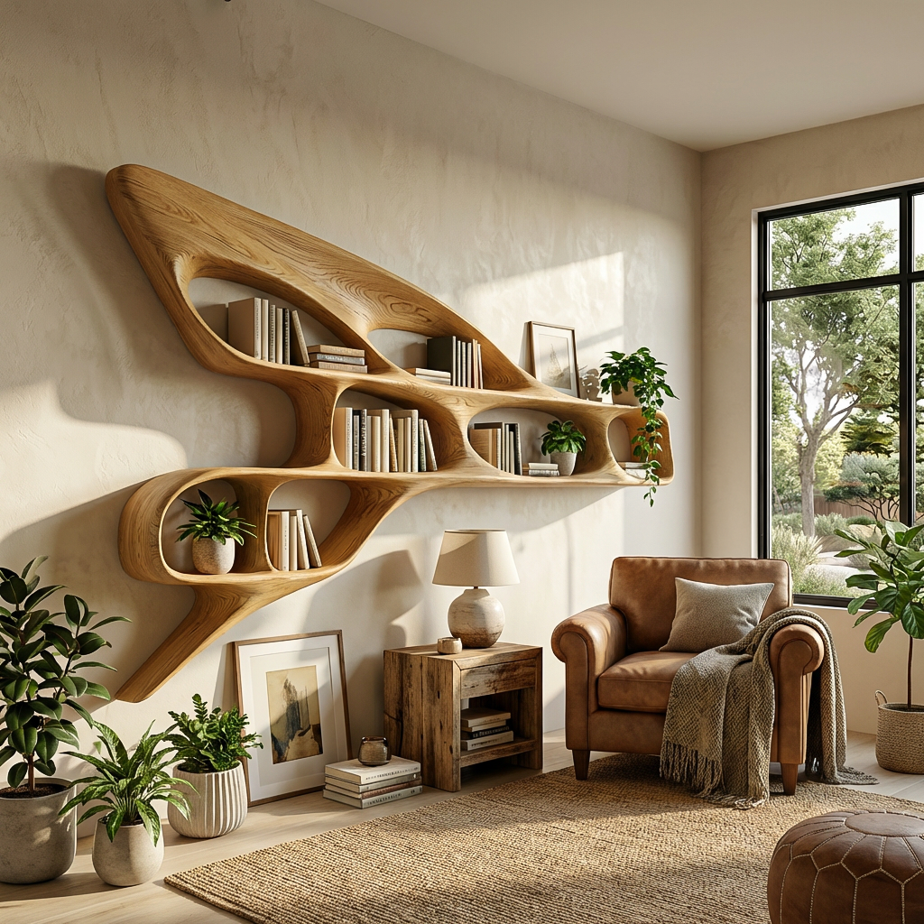 Organic Wooden Wall Bookshelf For Luxury Interior Kitchnce