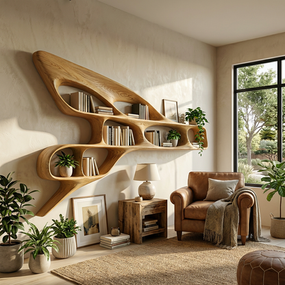 Organic Wooden Wall Bookshelf For Luxury Interior Kitchnce