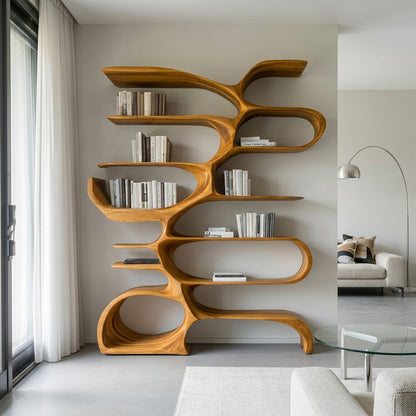 Sculptural Wooden Bookcase For Modern Living Room Storage Kitchnce