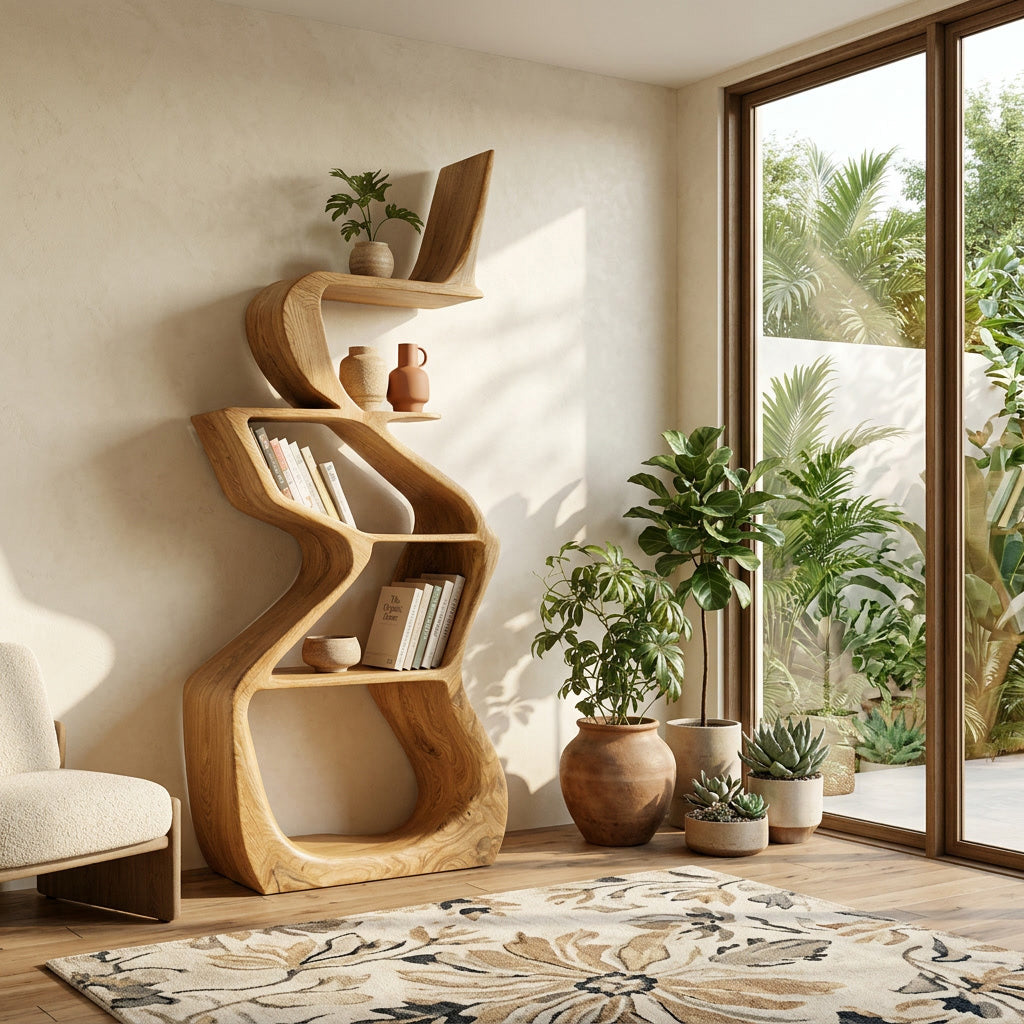 Sculptural Wooden Bookshelf For Living Room Corner Kitchnce