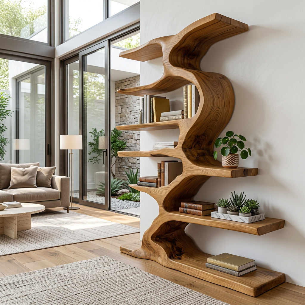 Organic Sculptural Wooden Bookshelf With Tiers For Living Room Kitchnce