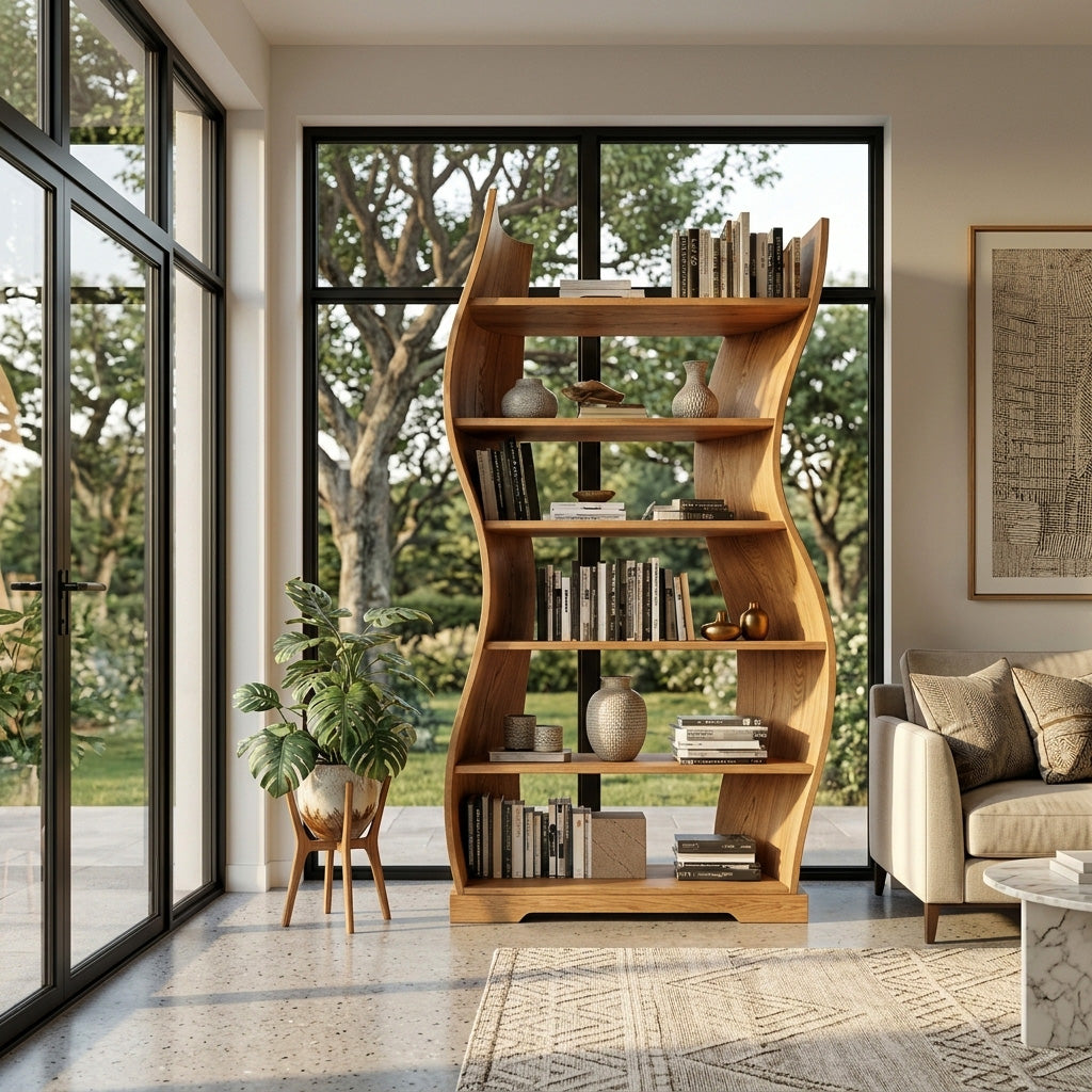 Contemporary Flowing Wooden Bookshelf For Living Room Kitchnce