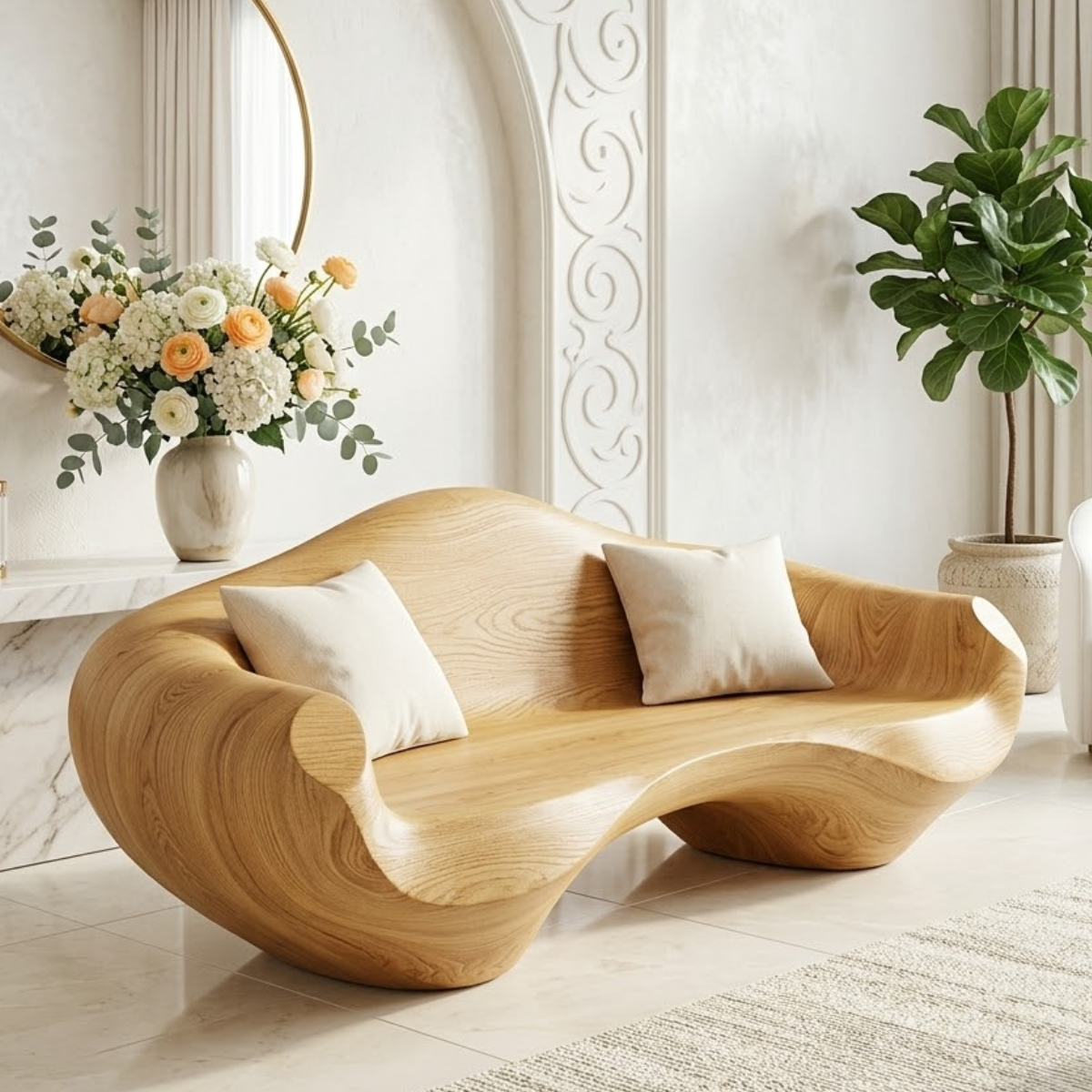 Modern Sculptural Curved Sofa, Organic Minimalist Statement Accent Furniture Piece