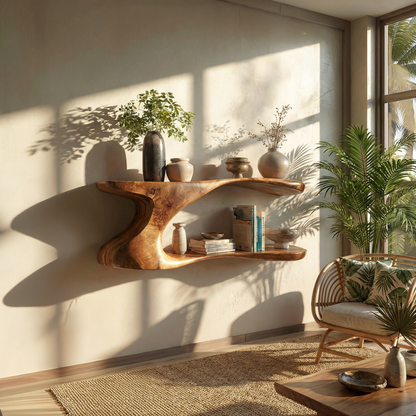 Natural Wood Floating Shelf with Sculptural Dual-Level Curve