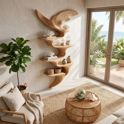 Wing Form Wood Wall Shelf With Sculptural Display