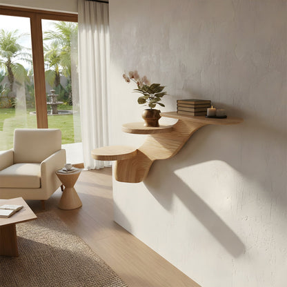 Multi-Level Sculptural Floating Wall Shelf in Natural Wood