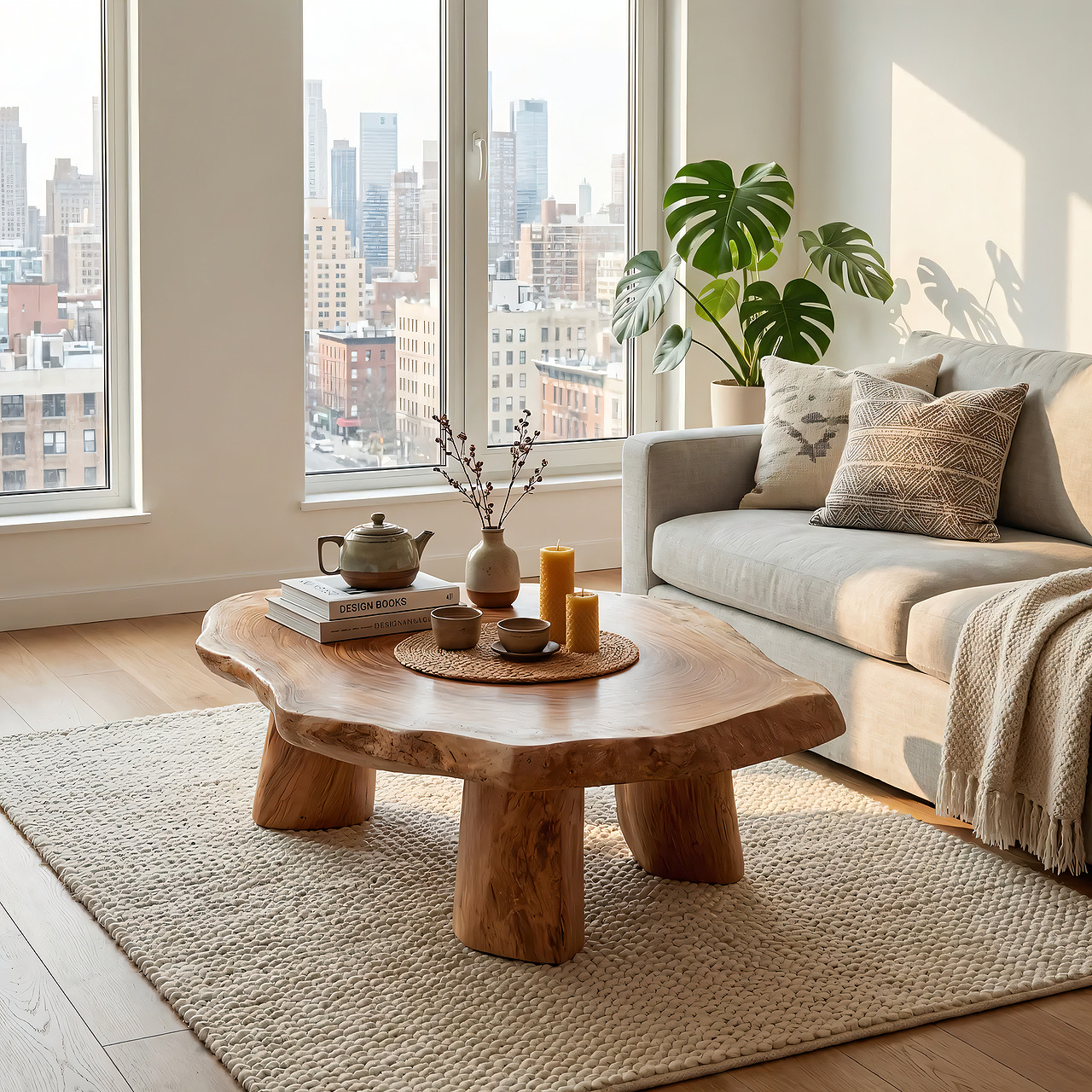Round Live Edge Coffee Table with Solid Sculptural Legs