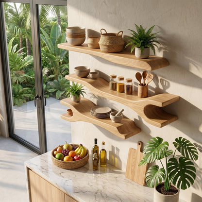 Light Wood Kitchen Wall Shelf With Open Display