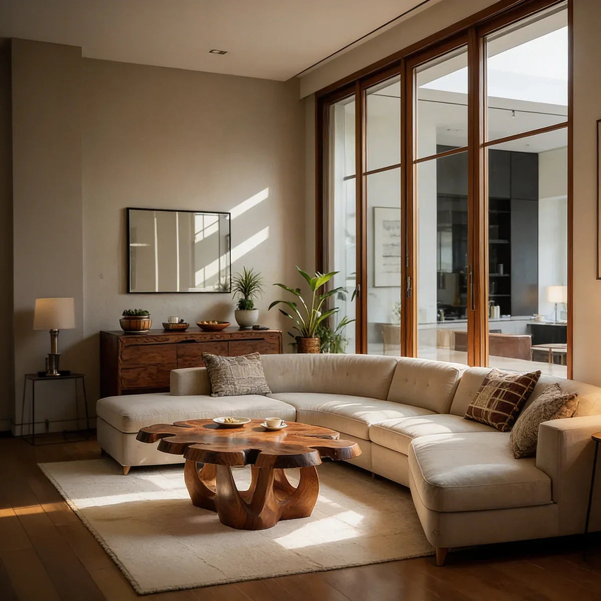 Sculptural Live Edge Natural Wood Coffee Table with Multi-Form Base