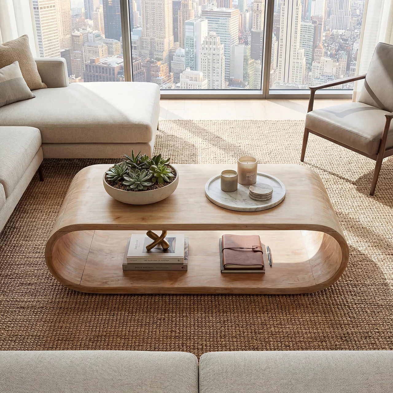 Curved Waterfall Coffee Table with Open Storage Shelf