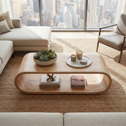 Curved Waterfall Coffee Table with Open Storage Shelf