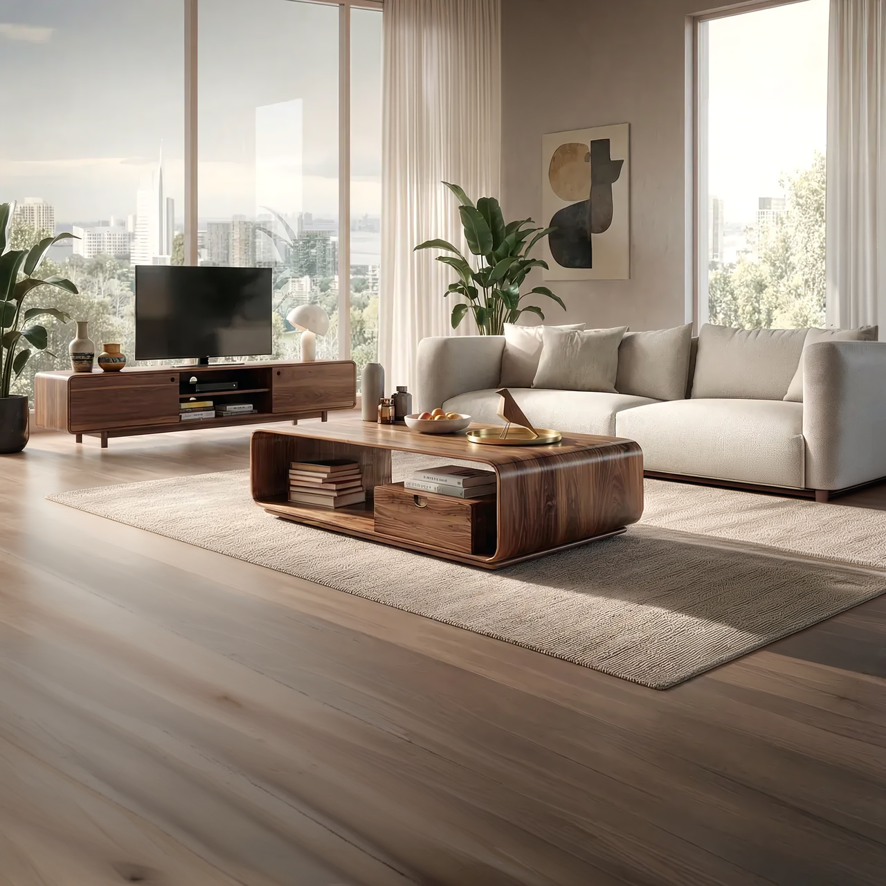 Modern Curved Coffee Table with Integrated Storage Design