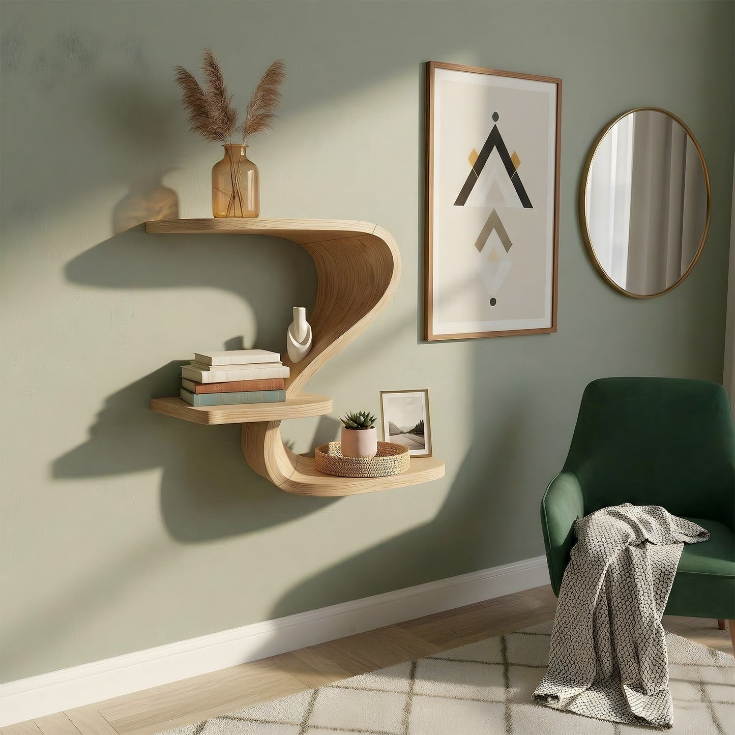 Curved S-Shaped Floating Wall Shelf with Tiered Display