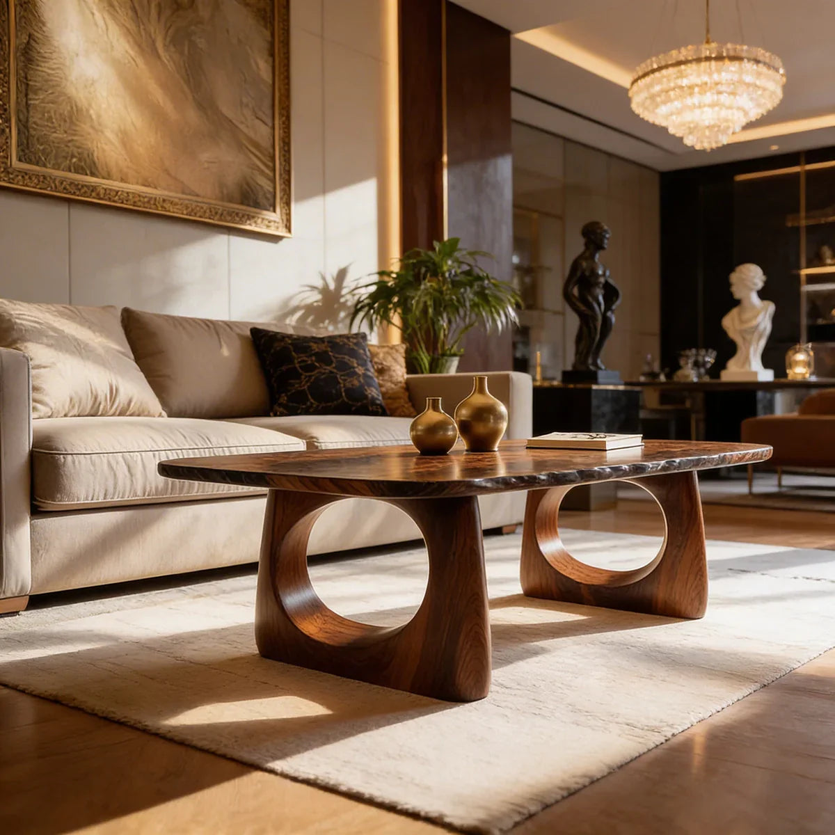 Live Edge Natural Wood Coffee Table with Dual Circular Sculpted Base