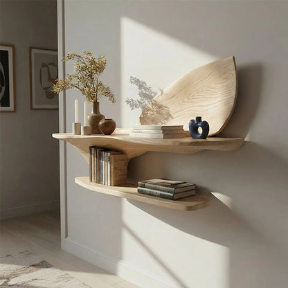 Two-Tier Sculptural Wall Shelf in Natural Wood with Organic Form