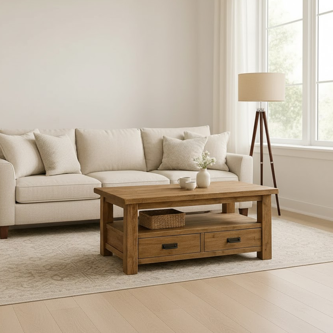 Handcrafted Solid Wood Coffee Table – Rustic Farmhouse Storage with Two Drawers and Shelf Kitchnce