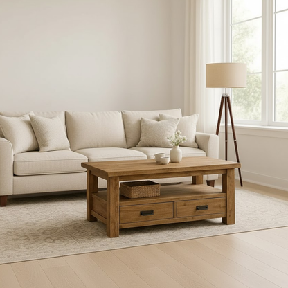 Handcrafted Solid Wood Coffee Table – Rustic Farmhouse Storage with Two Drawers and Shelf Kitchnce