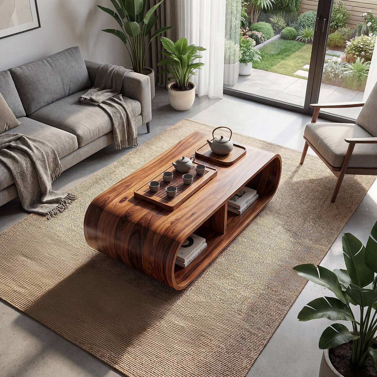 Curved Waterfall Coffee Table with Integrated Open Shelving