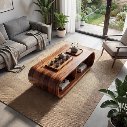 Curved Waterfall Coffee Table with Integrated Open Shelving