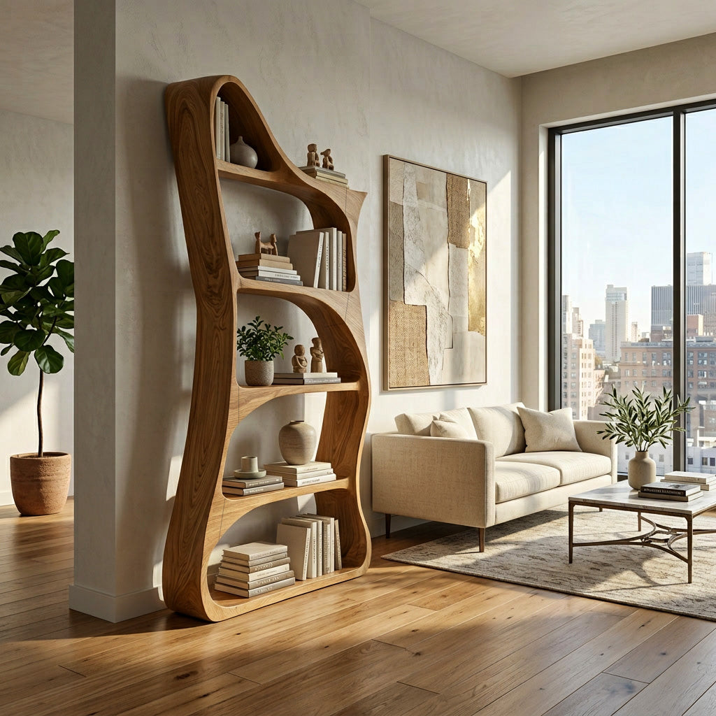 Modern Sculptural Natural Wood Bookshelf For Living Room Kitchnce