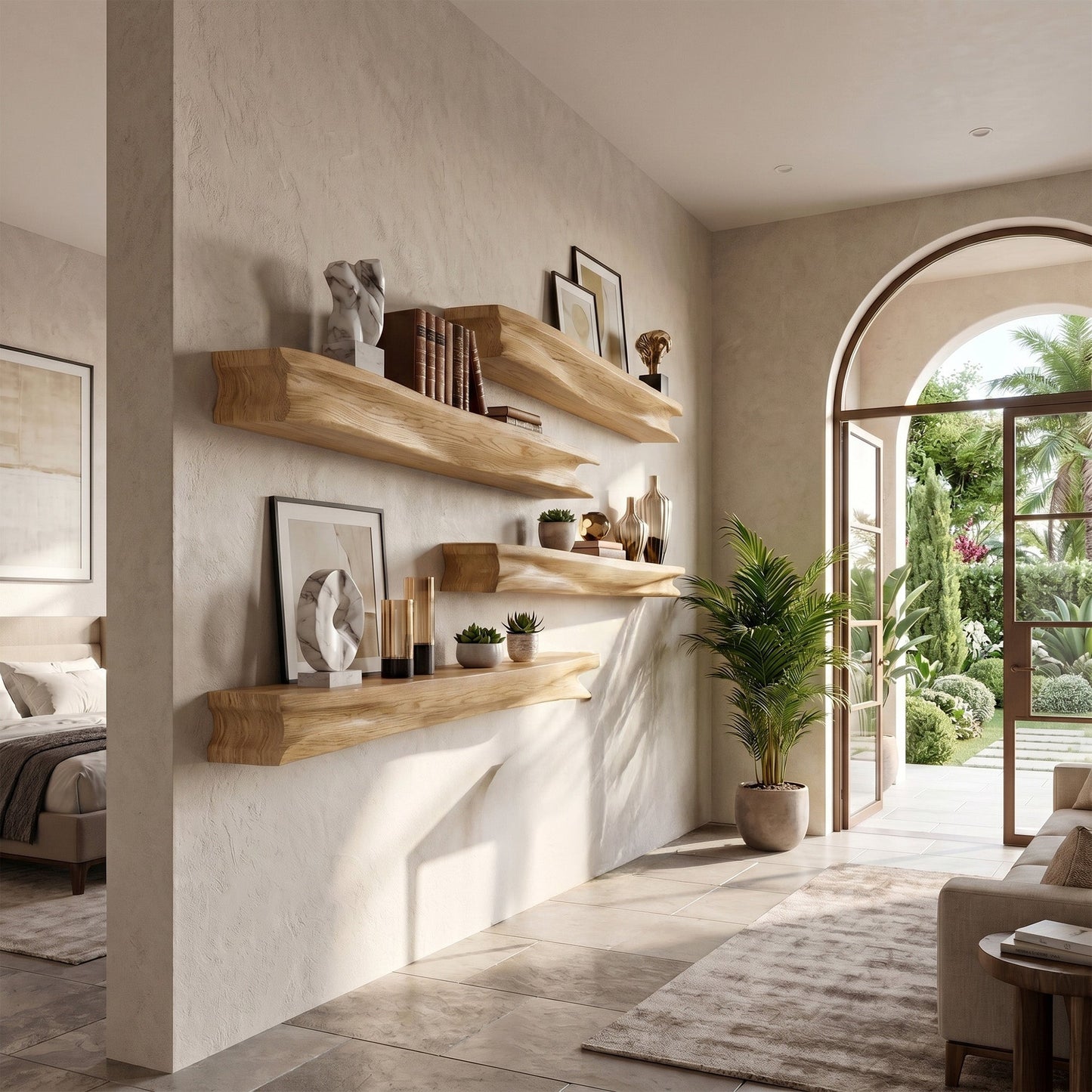 Layered Wood Wall-Mounted Shelf With Sculptural Display