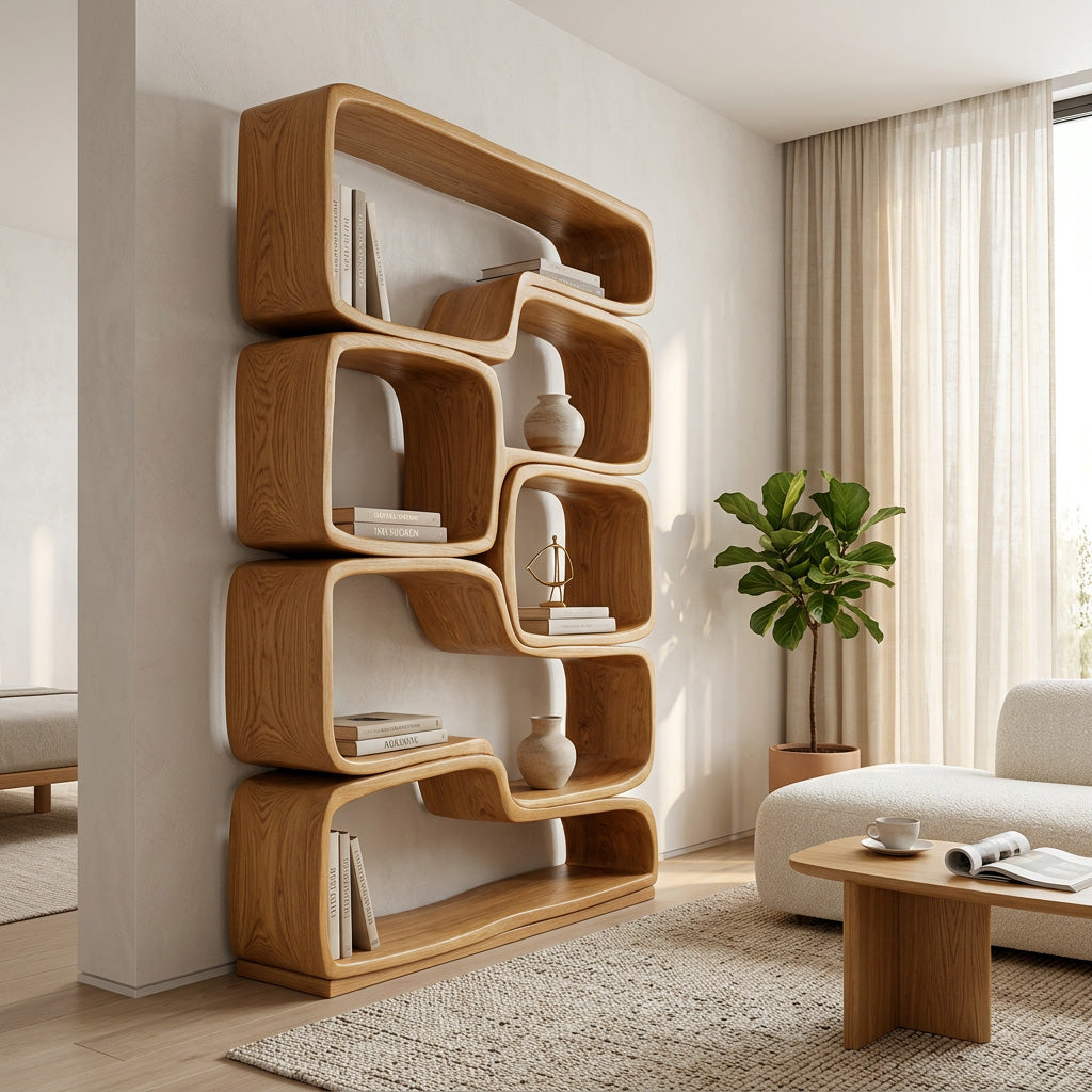 Contemporary Sculptural Natural Wood Bookshelf For Living Room Kitchnce