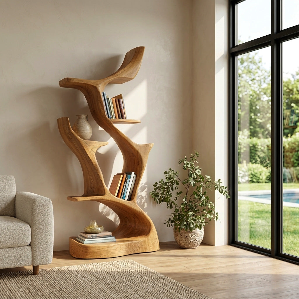 Abstract Sculptural Wooden Bookshelf For Living Room Kitchnce