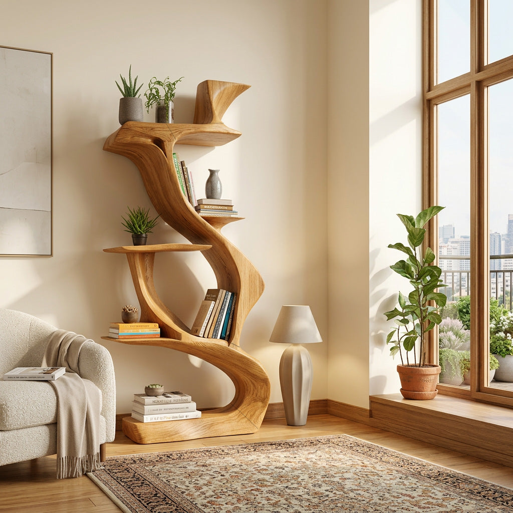 Sculptural Natural Wood Bookshelf For Living Room Kitchnce