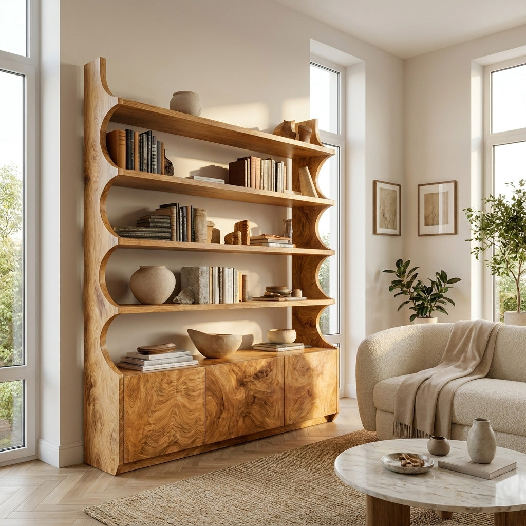 Organic Wooden Bookshelf With Curved Edges For Living Storage Kitchnce