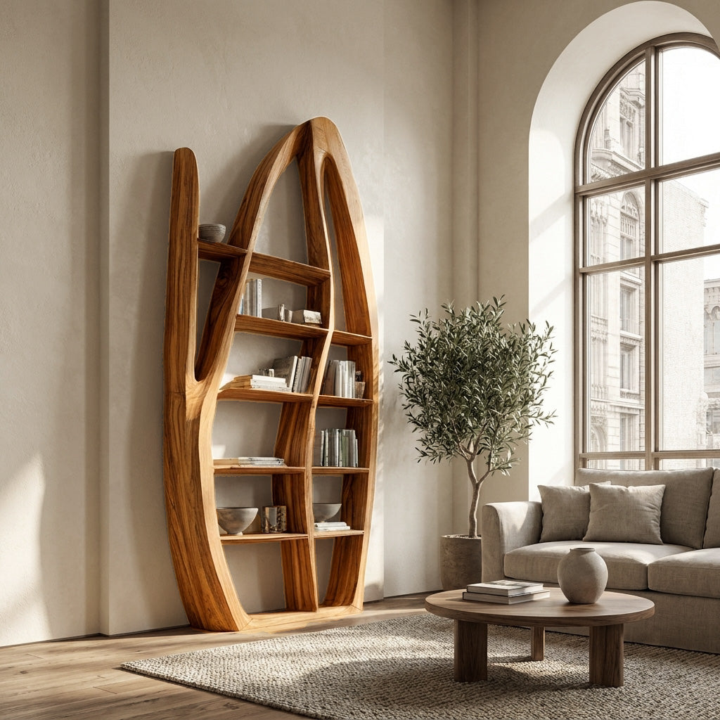 Organic Style Sculptural Wooden Bookshelf For Living Room Kitchnce