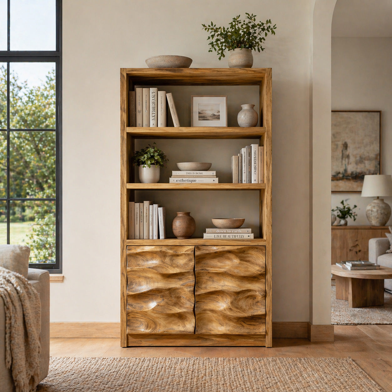 Minimal Wooden Bookshelf With Wavy Drawer Front For Home Kitchnce