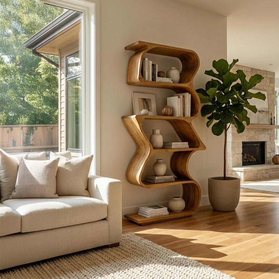 Modern Sculptural Wooden Bookshelf For Home Display Kitchnce